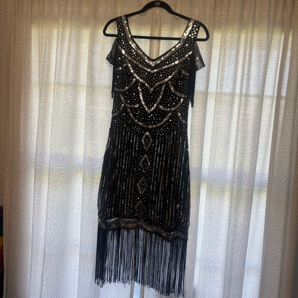 Babeyond 1920’s Vintage style Gatsby Cocktail Dress Black and Silver Size M